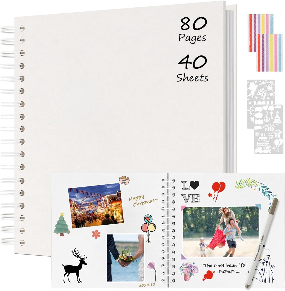SnelShoppen - Photo Album 24x24 cm - Spiral Scrapbook met 80 Pagina's - Gastenboek voor Bruiloften, Kerst, Valentijn, Jubileum, Verjaardag - Wit