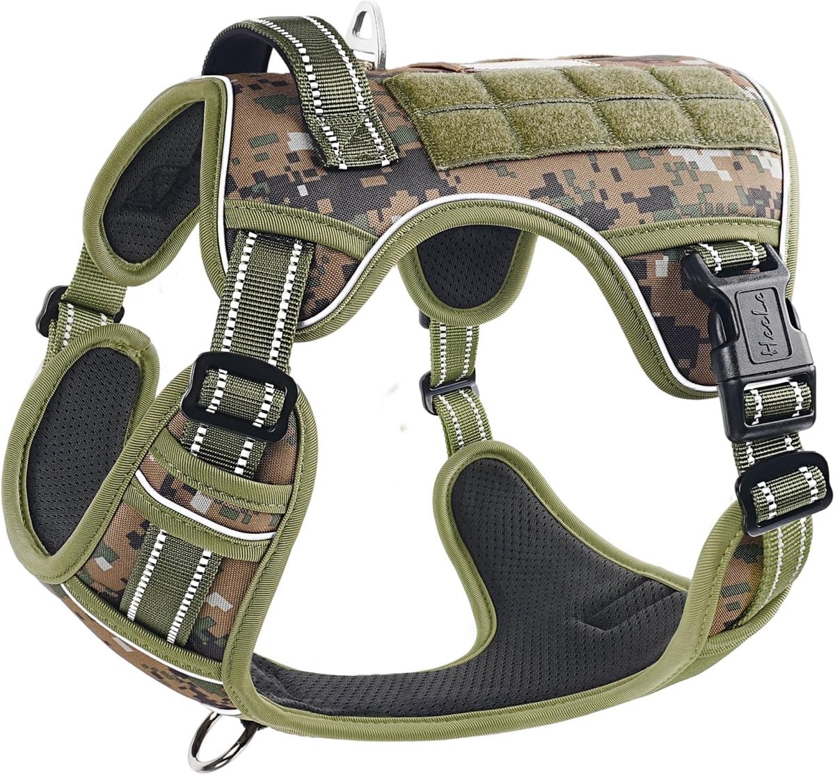 SnelShoppen - Hondenharnas voor Kleine, Middelgrote en Grote Honden, Verstelbaar Anti-Trek Harnas met Molle Paneel, Padded Reflecterend Harnas in Camo