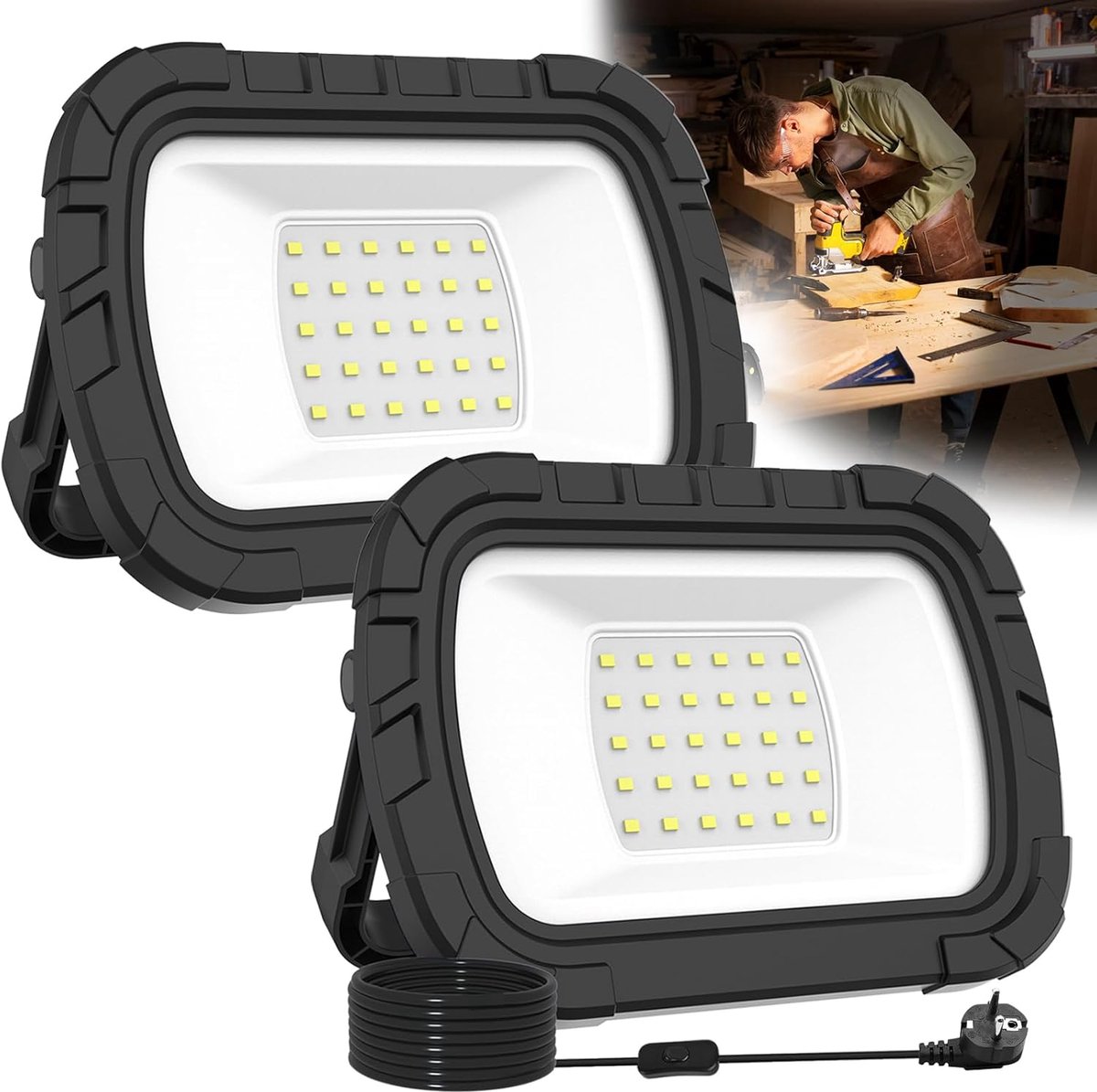 SnelShoppen - Pack van 2 LED Bouwspotlights, 30W Werklicht met Haak en 1.8 m Kabel, 6500K Draagbaar Constructielicht voor Werkplaats en Bouwplaats