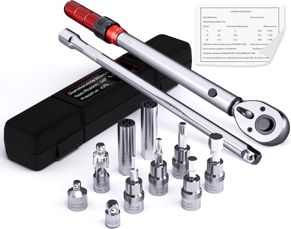 SnelShoppen - Precisie Momentsleutel 3/8" 5-60 Nm - 13-delige Set met Extensie, Adapters en Bougiesleutel - Ideaal voor Fiets, Auto en Technisch Gebru