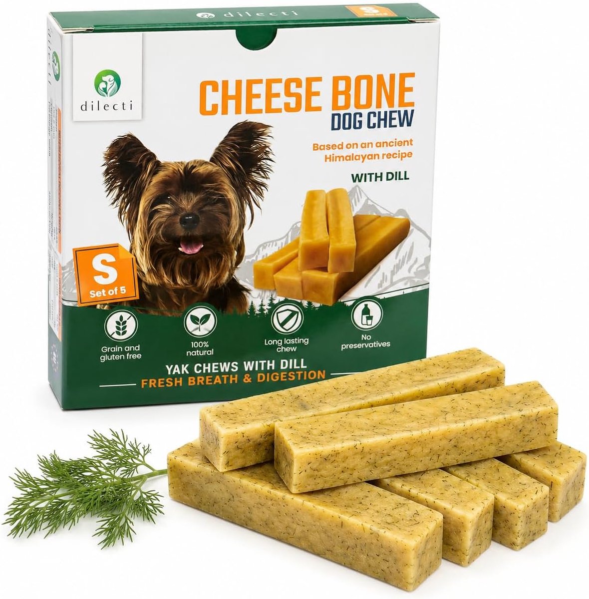 SnelShoppen - Cheese Bones met Dille - Gezonde Kauwsnacks voor Honden, Alternatief voor Yak Kaas, Hard Kauwbotten, Set van 5, Maat S, Langdurig en Sma