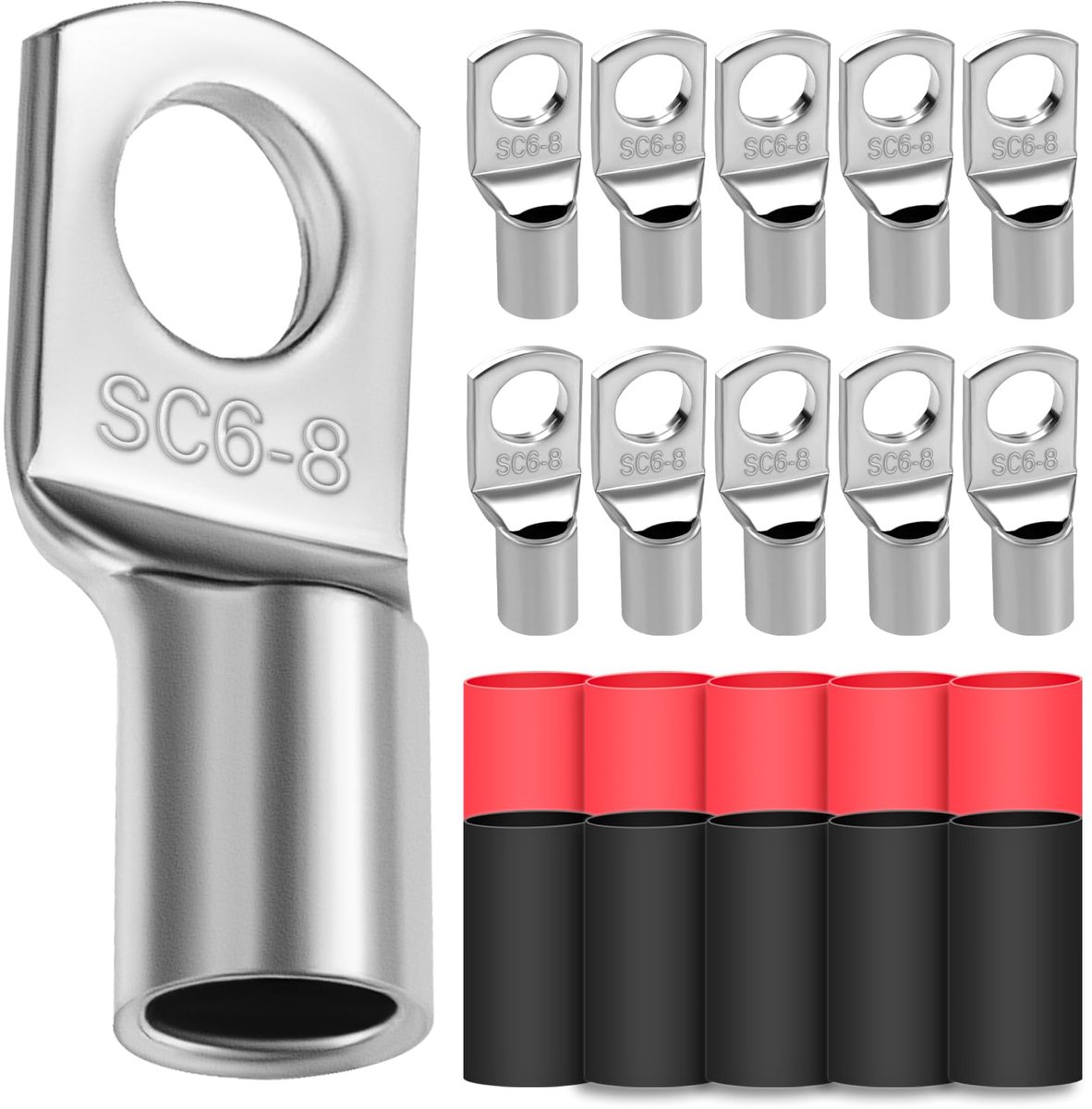 SnelShoppen - 10 x kabelogen 6 mm², ringogen M8, dikke koper kabelschoenen met 10 krimpkappen 3:1, niet-geïsoleerd, voor elektrische verbindingen
