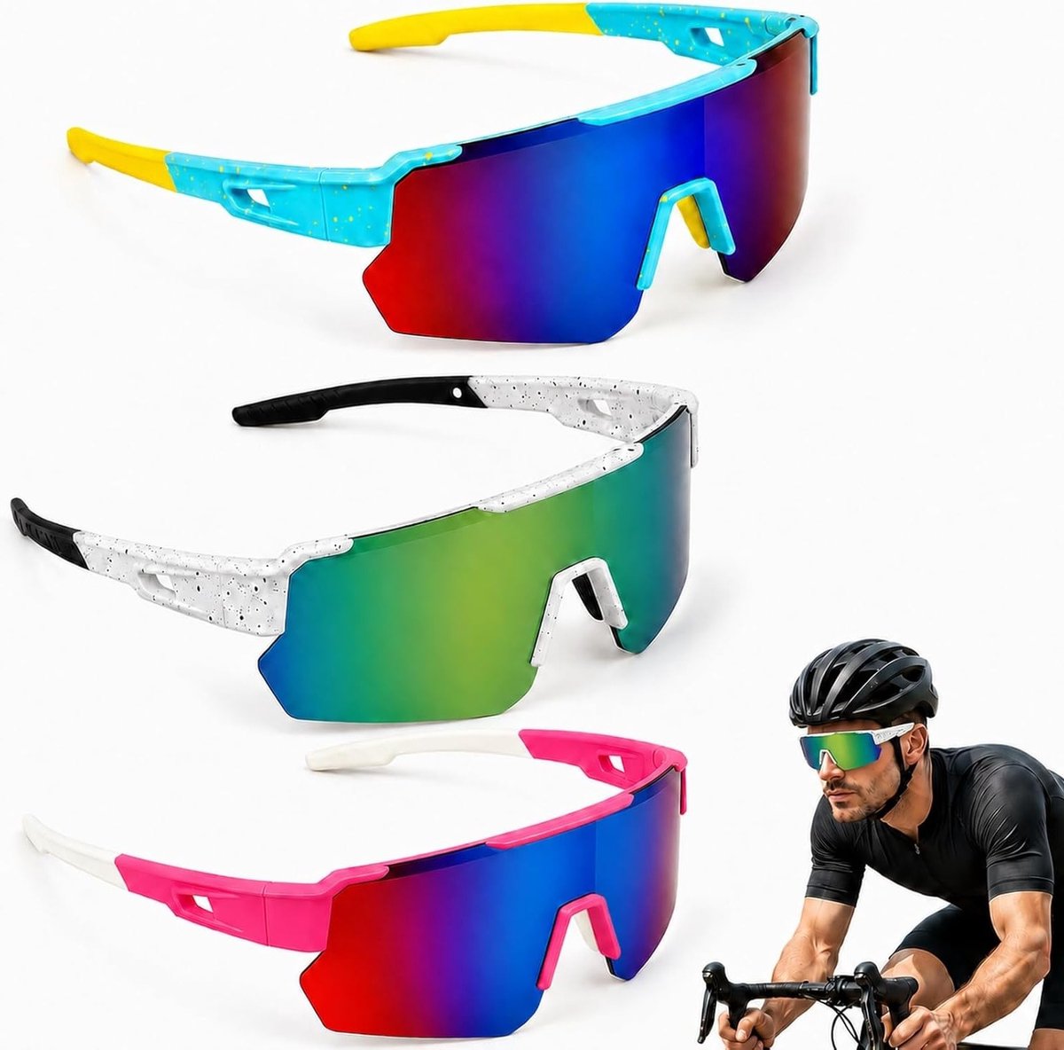 Fietsbril voor heren en dames - 3 stuks met UV 400-bescherming, anti-fog en comfortabele pasvorm
