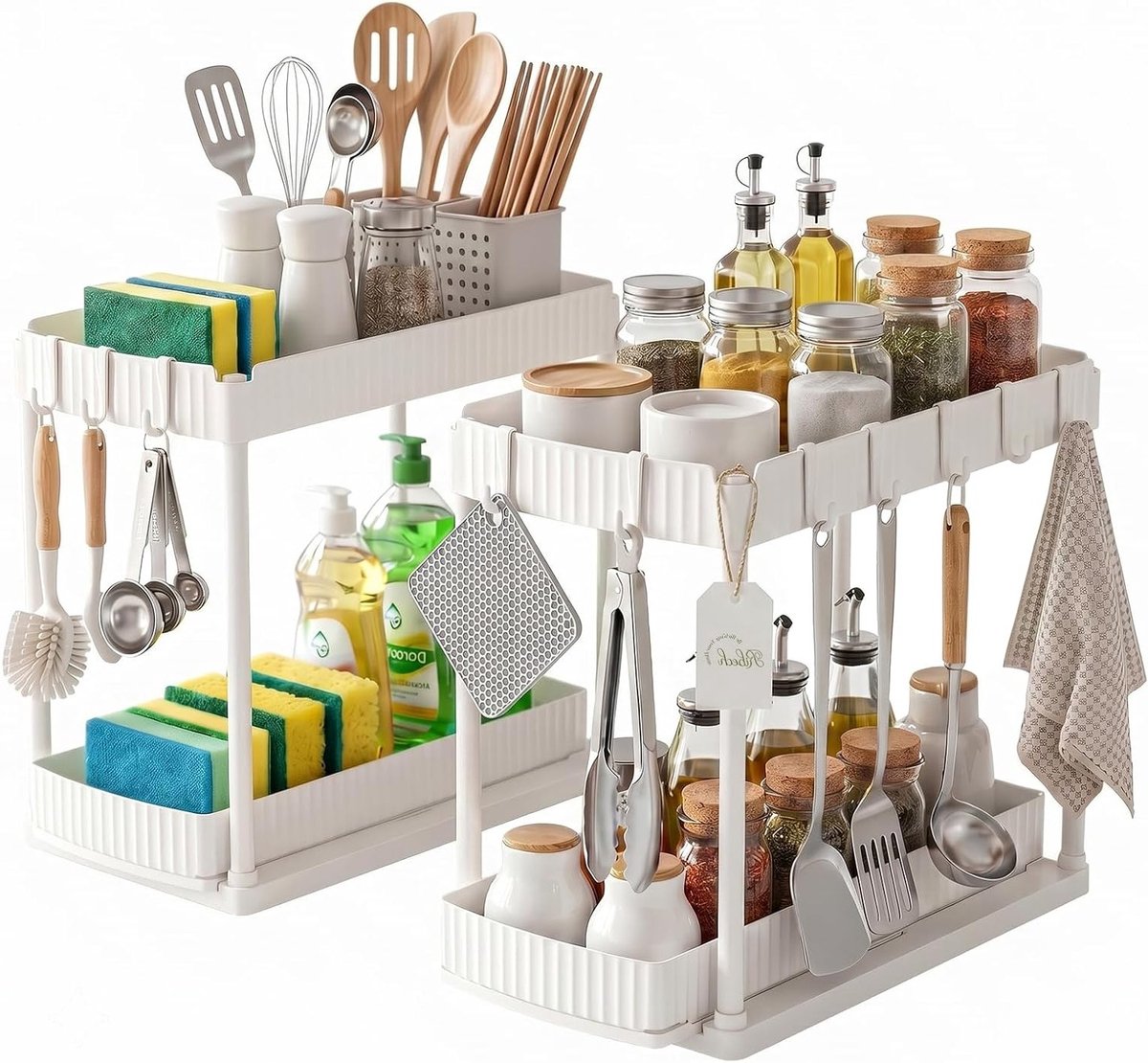 Multifunctioneel uittrekbaar opbergapparaat voor wastafel en keuken, 2 verdiepingen met sc