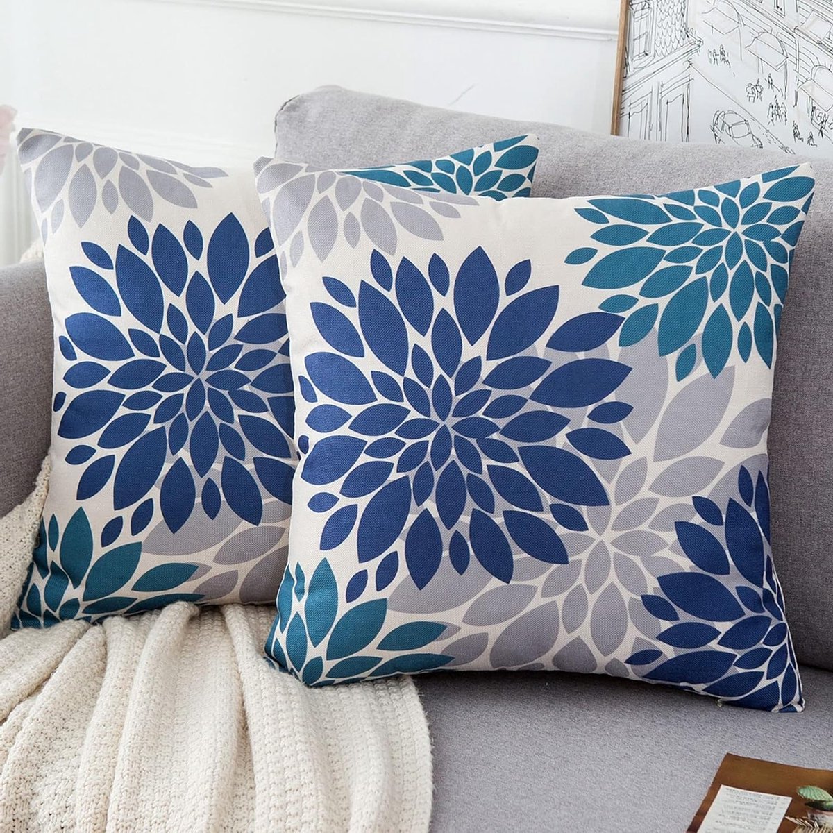 Geometrische Patroon Kussenhoezen 45 x 45 cm - Zacht Blauw en Grijs voor Woonkamer en Tuin - Set van 2 Stuks