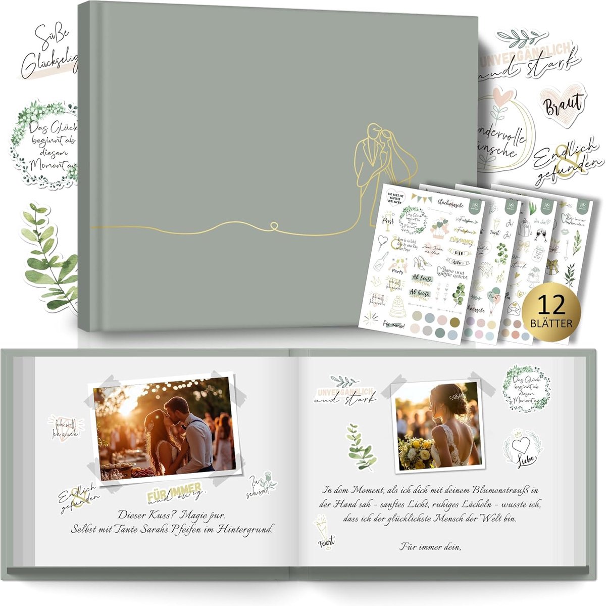 SnelShoppen - BIROYAL gastenboek groen met stickers, trouwthema, perfect voor bruiloften, feesten en speciale gelegenheden, 30x21 cm