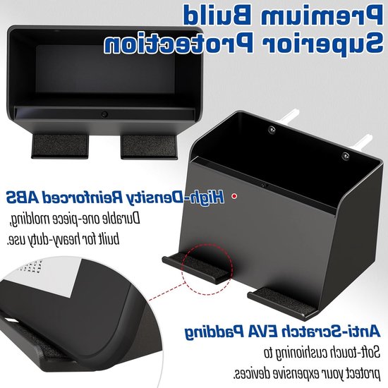 Wandhouder en organizer voor tablet en telefoon, 2-in-1 design met opbergdoos, geschikt voor iPad, Samsung Tab en Kindle, stevig ABS met EVA anti-slip pad, zwart — afbeelding 3