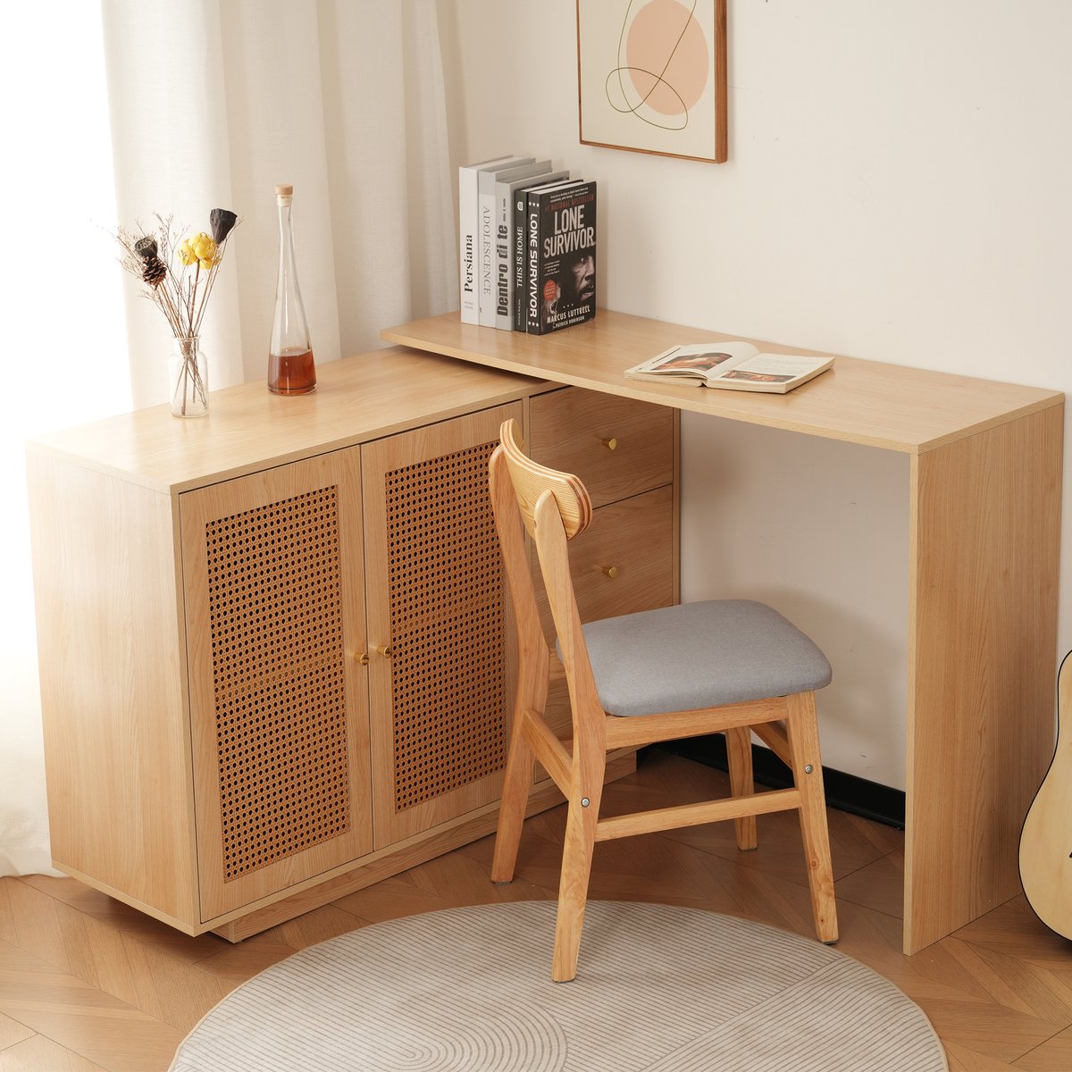 HAUSS SPOLE Bureau - L Vormig Hoekbureau Met 360 Graden Draaifunctie En Opbergruimte - Voor Werkkamer En Slaapkamer - MDF - 126x40x75 Cm - Naturel Hout