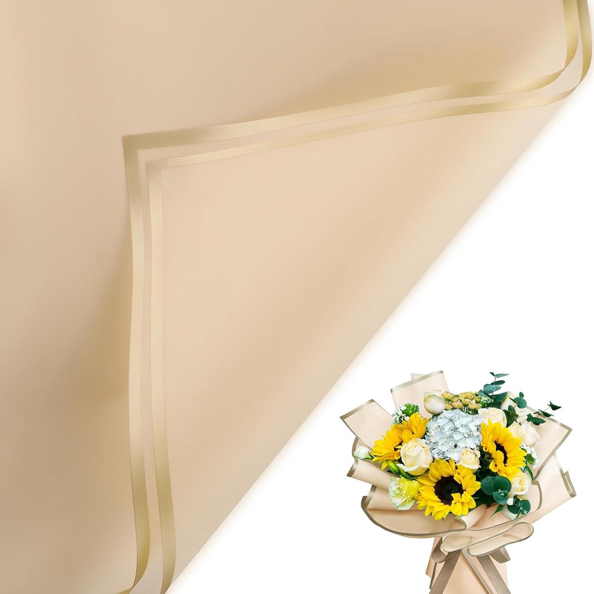 SnelShoppen - 20 vellen waterdicht bloemenboeket inpakpapier 57x57 cm champagne met gouden rand voor bruiloft, verjaardag, feest, geschenkverpakking,