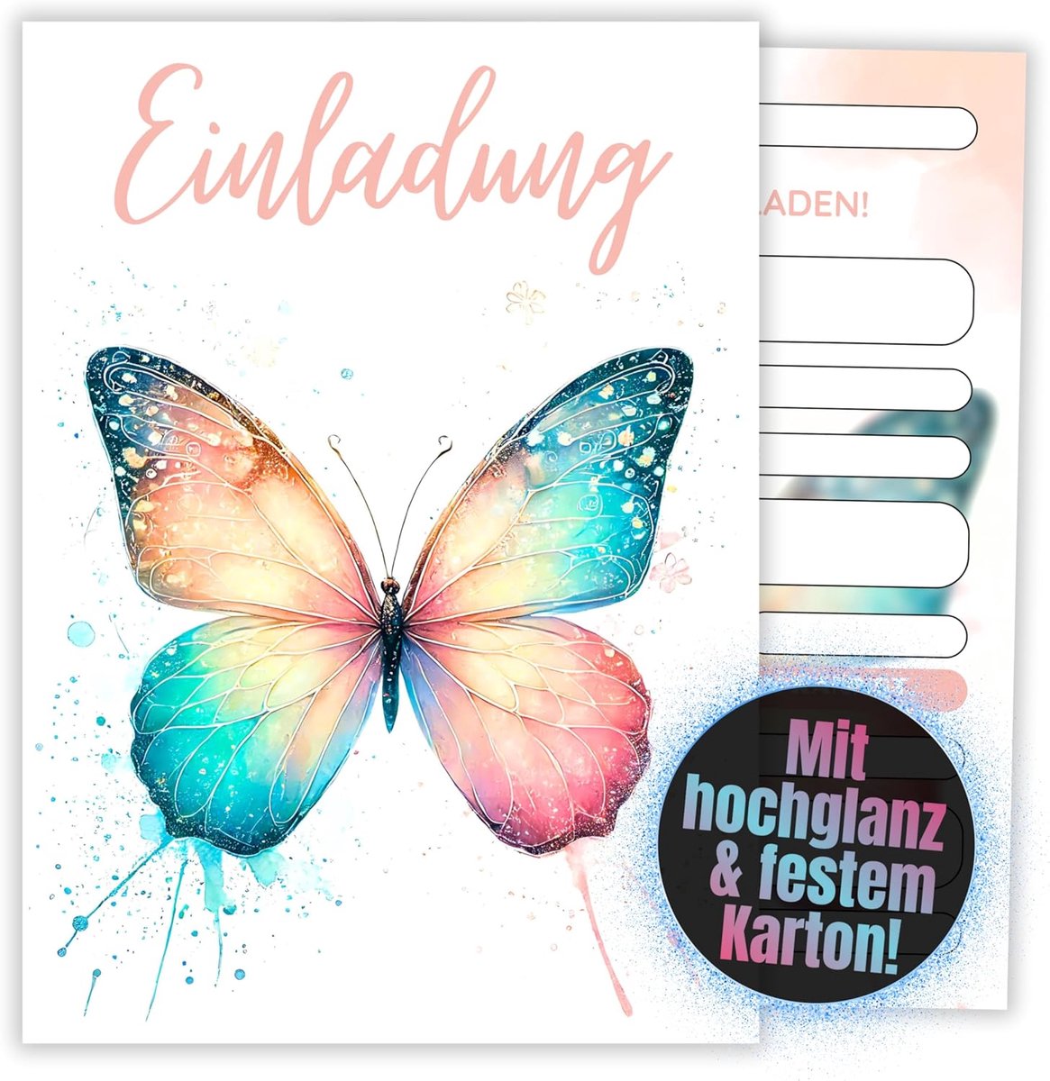 SnelShoppen - 12 Stuks Vlinder Verjaardagsuitnodigingen voor Meisjes, DIN A6 (10.5 x 14.8 cm), Kinderfeest, Verjaardagsfeest, Pyjama Feest, Kleurige U