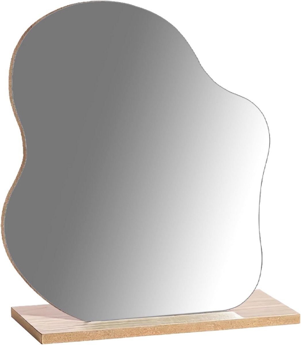SnelShoppen - Acryl Make-up Spiegel, Frameless Asymmetrische Spiegel met Houten Basis, Verstelbare Make-up Spiegel voor Slaapkamer, Woonkamer en Badka