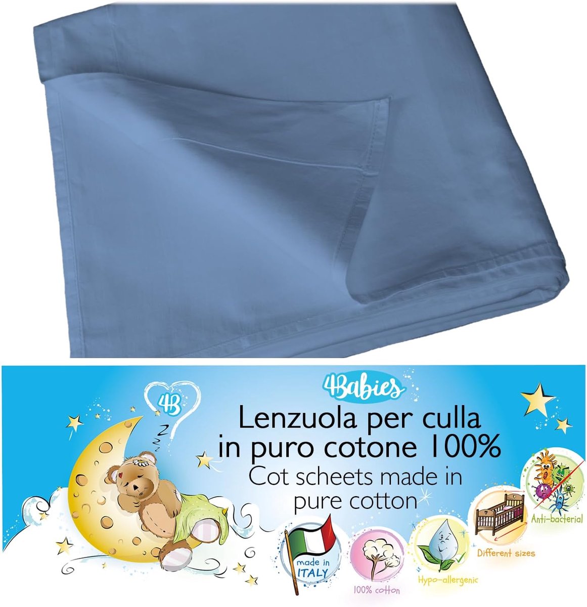 SnelShoppen - Beddegoed voor wieg - 100% Katoen - Ademend en Hypoallergeen - Geschikt voor Sensitieve Babyhuid - Kleur: Rookblauw - Perfect voor Babyk