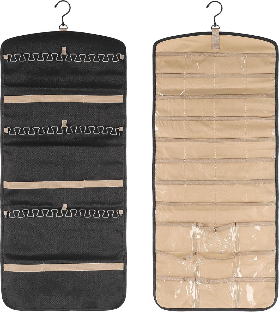 SnelShoppen - Set van 2 Hangende Sieradenorganizers, Dubbelzijdige Sieradenopslag voor Halskettingen en Oorbellen, 80 x 36 cm, Zwart en Beige, Duurzam