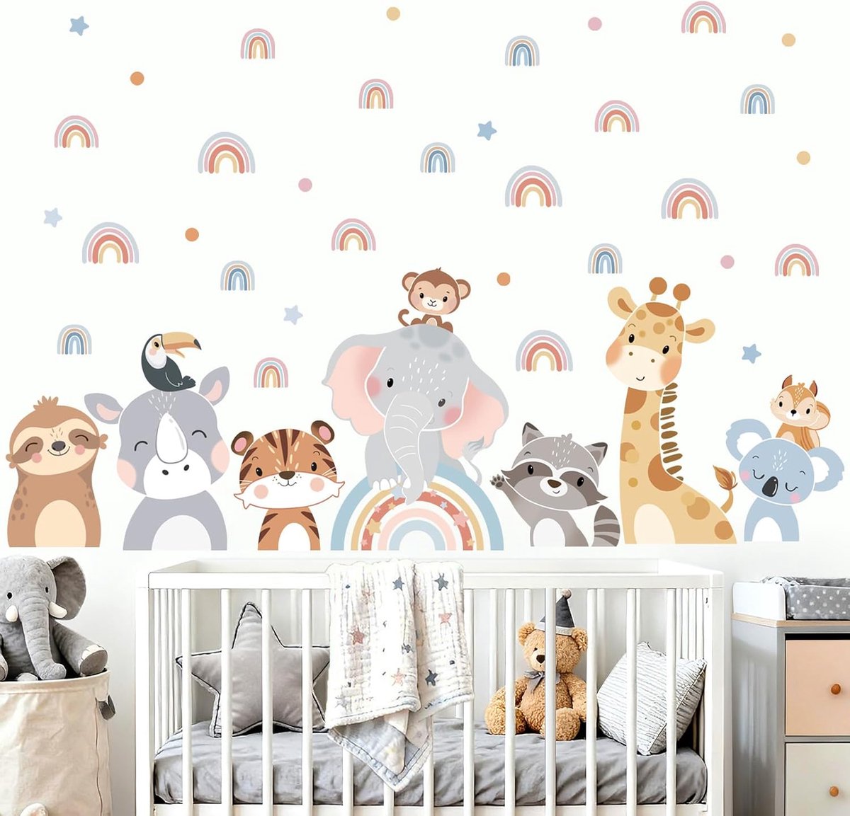 SnelShoppen - Jungle Dieren Wandstickers Boho Regenboog Olifant Giraffe Zelfklevende Muurdecoraties voor Kinderen Baby Kamer Speelruimte