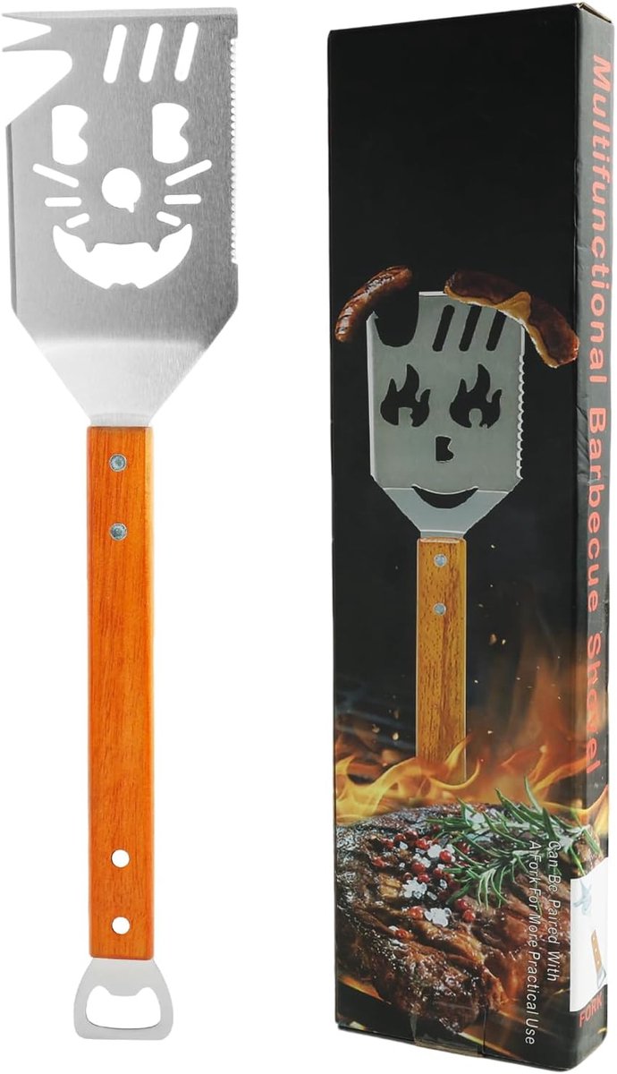 SnelShoppen - 7-in-1 Grill Spatula voor Barbecue, Multifunctionele Grillgereedschap met Houten Handvat, Ideaal voor Camping, Feest, Tuin en BBQ