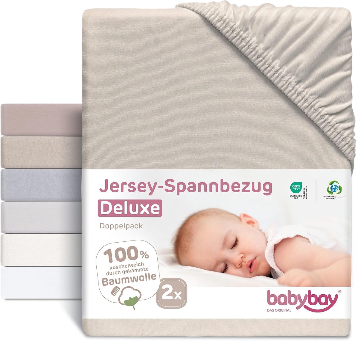 SnelShoppen - Fitted Sheet Jersey Deluxe Babybay Double Pack - 100% Katoen, Beige, 81 x 42 cm, Geschikt voor Original Babybay Matras