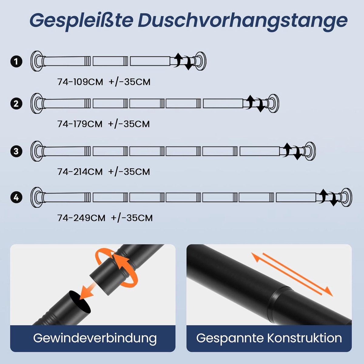 SnelShoppen - Verstelbare RVS Douchegordijnstang zonder Boren - Telescopische Zwart 74-138 cm - Ideaal voor Badkamer, Garderobe en Ramen