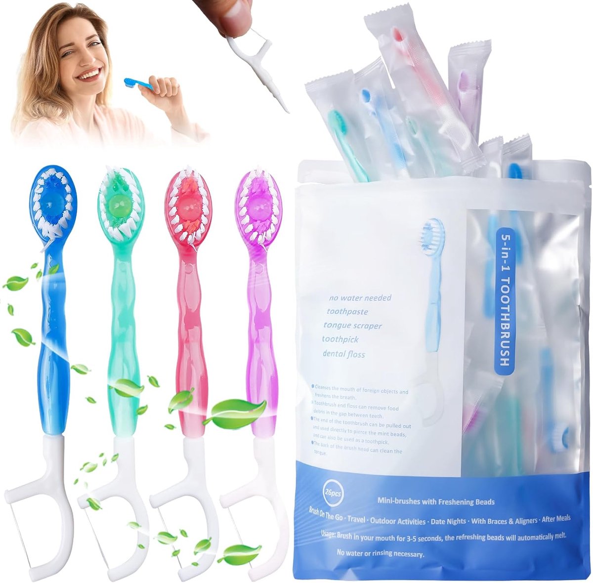 SnelShoppen - 26-delige Reistandenborstel Set, 5-in-1 Wegwerp Tandenborstels met Flosdraad, Mini Tandenborstel Set voor Camping, Reizen, Kinderen en V