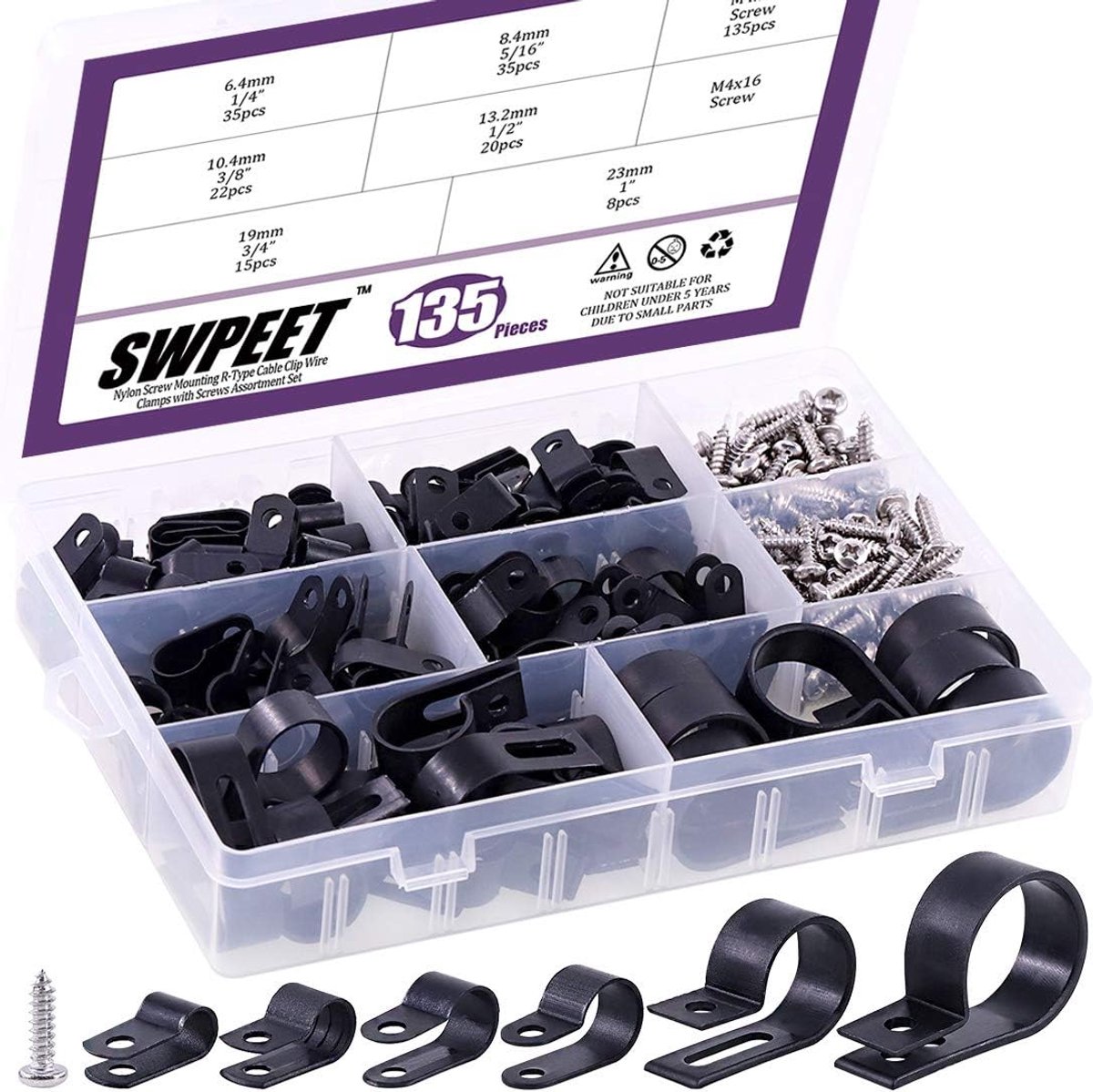 Thijox - 135 Stuks Kabelklemmen Set - Zwarte Nylon R-Type Bevestigingsclips - 6 Maten 1/4" tot 1" - Inclusief Schroeven voor Draadbevestiging - Kabel