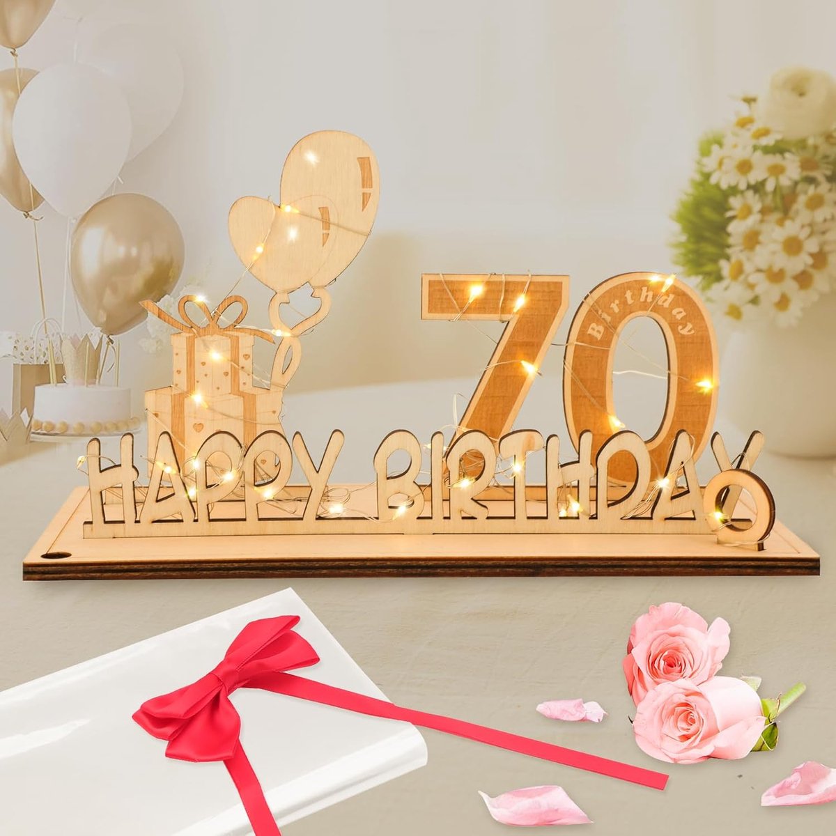 Thijox - Originele 70ste Verjaardag Geldgeschenk Houten Jubileum Gastenboek met LED-Lichtketting, Vlinderdas en Cadeaupapier voor Mannen en Vrouwen