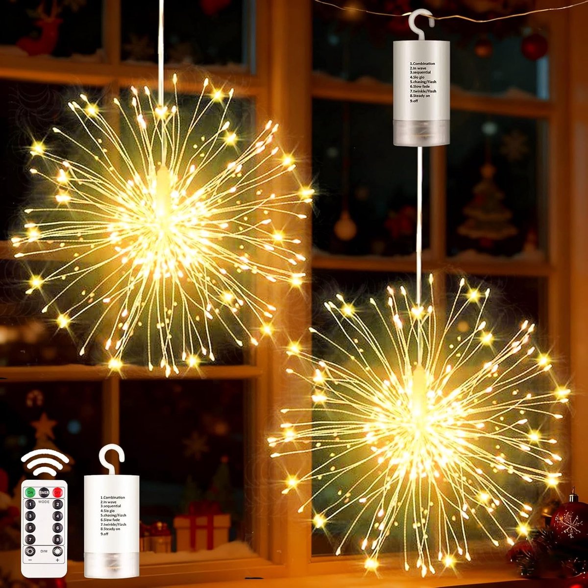 Thijox - Lichtbollen Kerstverlichting Buiten 2 stuks 180 LED met Afstandsbediening, Waterdichte Vuurwerk Lichtketting voor Tuin, Bruiloft, Feest, Raam