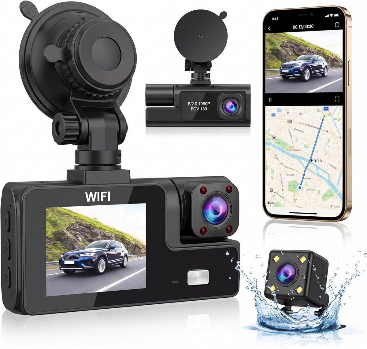 Thijox - Dashcam 3 camera's 1080P Full HD | 360° Beveiliging zonder dode hoek, Nachtzicht, Bewegingsdetectie, Wifi, Ideaal voor Mountainbikers en Gezi