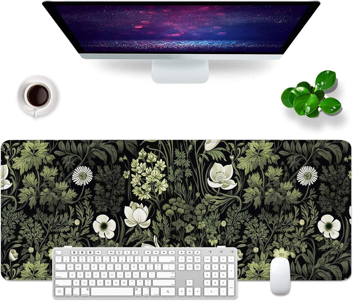 Thijox - Muismat XL Bloemen Bureau-onderlegger Zwart 80 x 30 cm - Grote Muismat voor Computer, Toetsenbord & Laptop - Ideaal voor Desk Setup, Gaming &