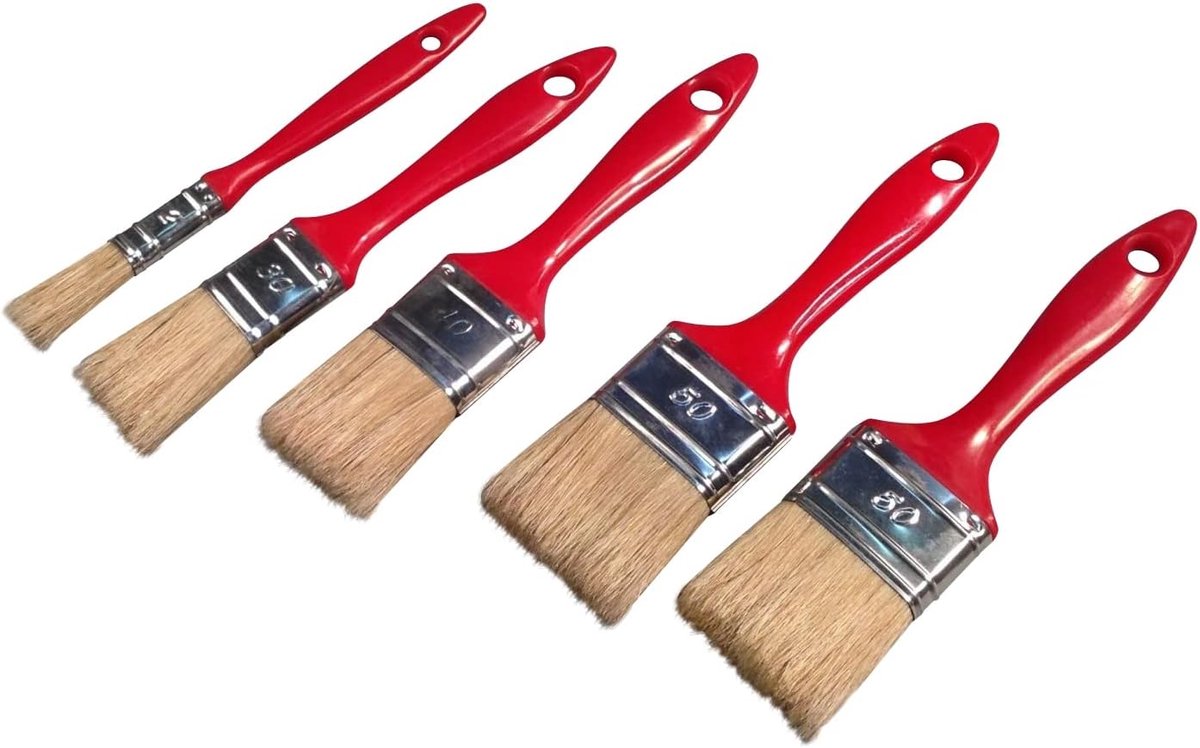 Thijox - Set van 5 Platte Kwasten voor Verf, Rood, Perfect voor Vlakke Oppervlakken, Water- en Oplosmiddelverf, Multifunctioneel, Diverse Maten