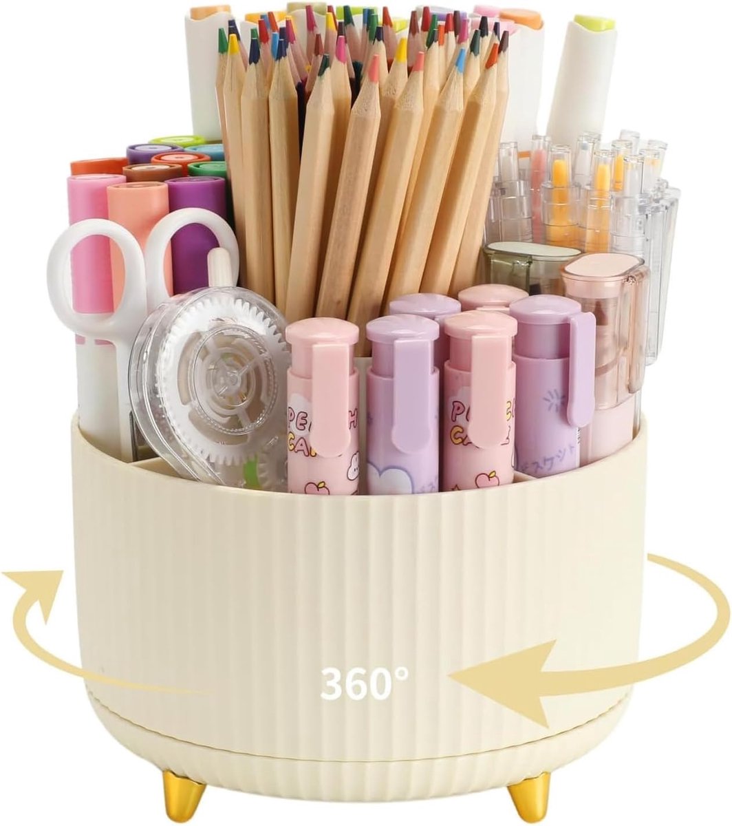 SnelShoppen - 360° Draaibare Pennenhouder Bureau Organizer met 5 Sleuven - Beige Kantoor Make-up en Potlood Organizer - Perfect voor School, Thuis, Le