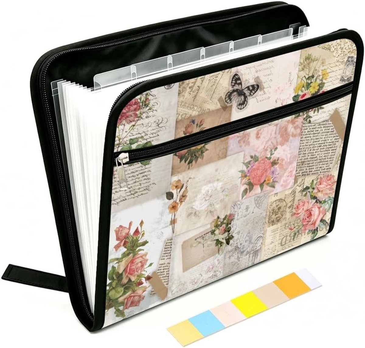 Vintage bloemen expanderende aktetas met 13 vakken, ritssluiting en retro collage prints voor A4-documenten en organisatie