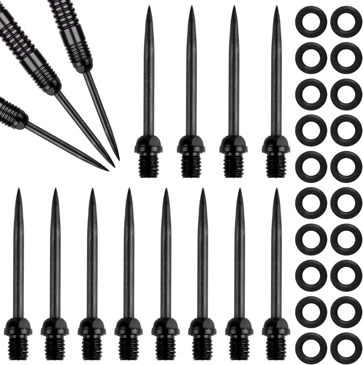 SnelShoppen - 12 Steel Dart Dots met Schroefdraad, Sterke Metaal Dartpunten, Duurzame RVS Dartpunten voor Soft Darts, Inclusief 20 Rubber Ringen