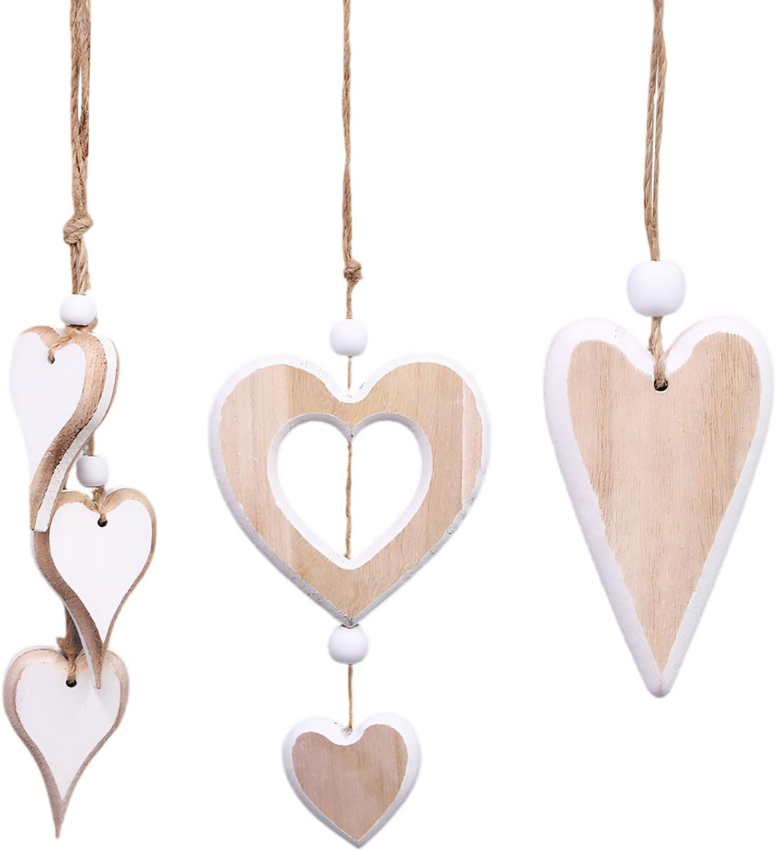 SnelShoppen - Set van 3 Houten Decoratieve Harten voor Hangen, Rustieke Houten Hart Raamdecoratie voor Bruiloften, Feesten en Wanddecoratie, Natuurlij