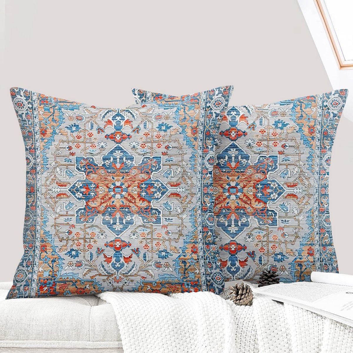 SnelShoppen - Set van 2 Boho Kussenhoezen 40x40cm - Bohemian Bloemen Design - Fluwelen Decoratieve Hoes voor Woonkamer, Sofa, Slaapkamer - Blauw Oranj