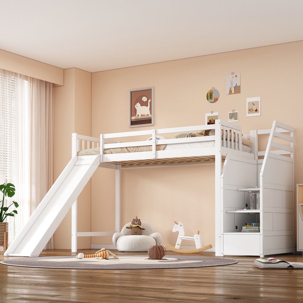 Hoogslaper 90x200cm Zonder Matras Met Glijbaan En Afneembare Valbeveiliging Met Opbergladder Voor Kinderkamer Van Grenenhout En MDF Wit