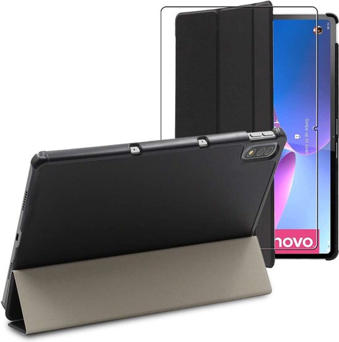 ebestStar - Hoes geschikt voor Lenovo Tab P12 Pro, Slanke Design PU Lederen Etui, Automatische Slaap/Wake, SmartCase hoesje, Zwart + Gehard Glas