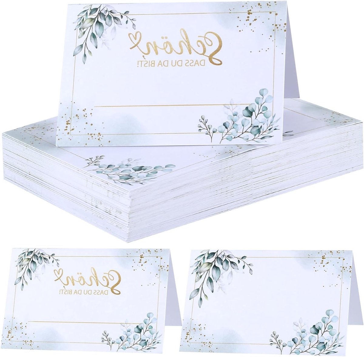 Set van 50 Eucalyptus Tafelkaarten voor Bruiloften en Feesten - Plaatskaarten met Tekst "Schön, dass du da bist" voor Verjaardagen, Doop, Communie en Bevestiging