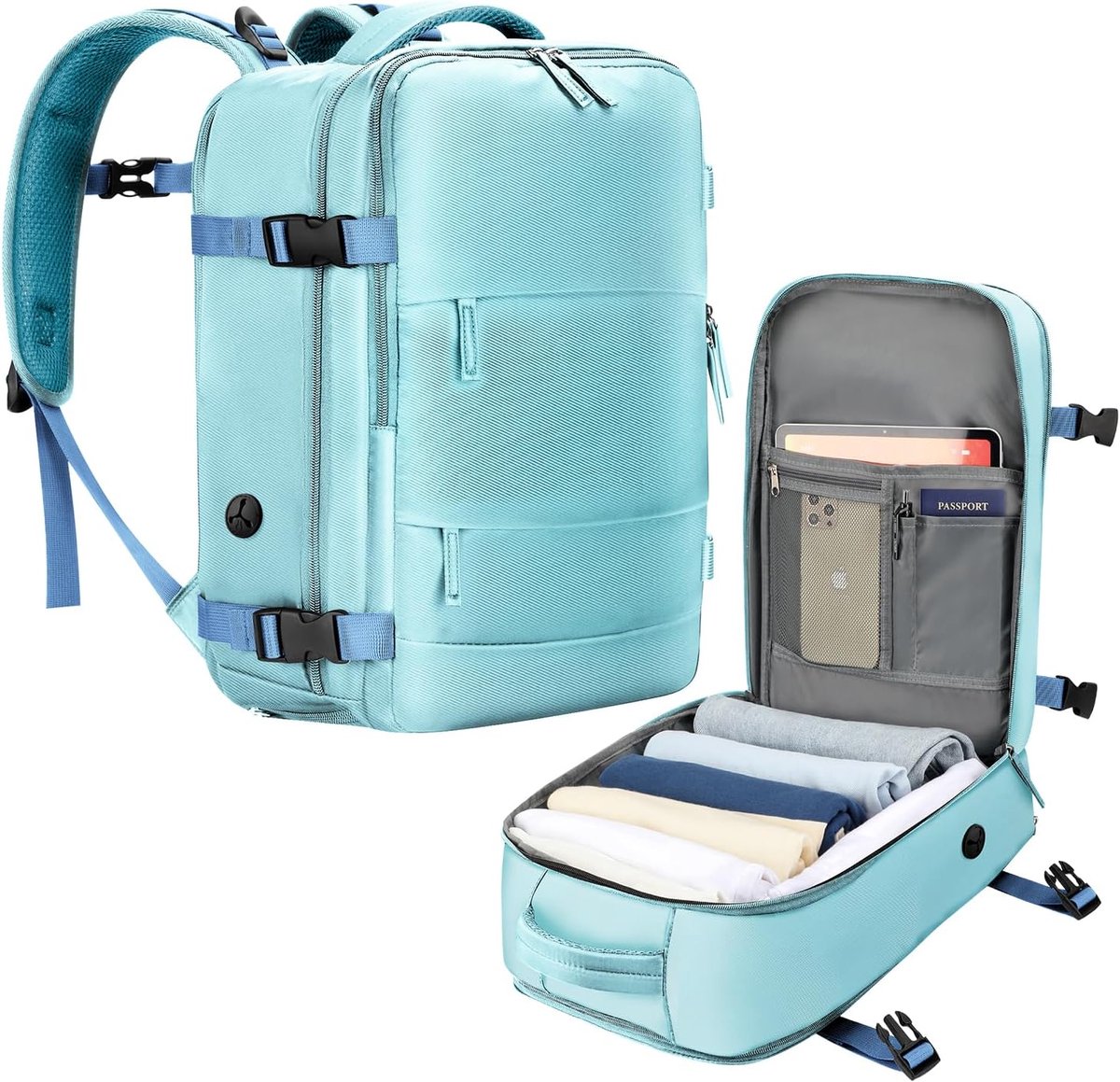 SnelShoppen - Handbagage Koffer 40x20x25cm, Onderstoel Reisbagage met 12 Vakjes, 20L, Schoenenzak, Vrijheid Blauw, Cabin Approved