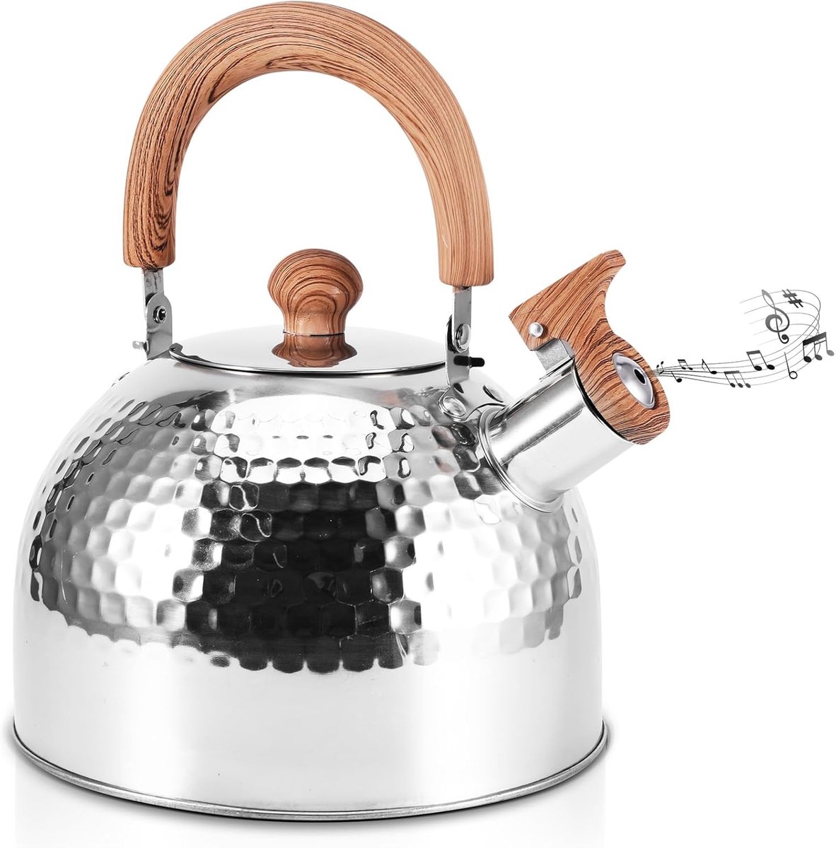 SnelShoppen - Whistling Kettle 2L RVS Waterkoker met Houten Handvat voor Gasfornuis, Inductie, Houtkachel, Theepot voor Binnen, Buiten, Vissen, Kamper