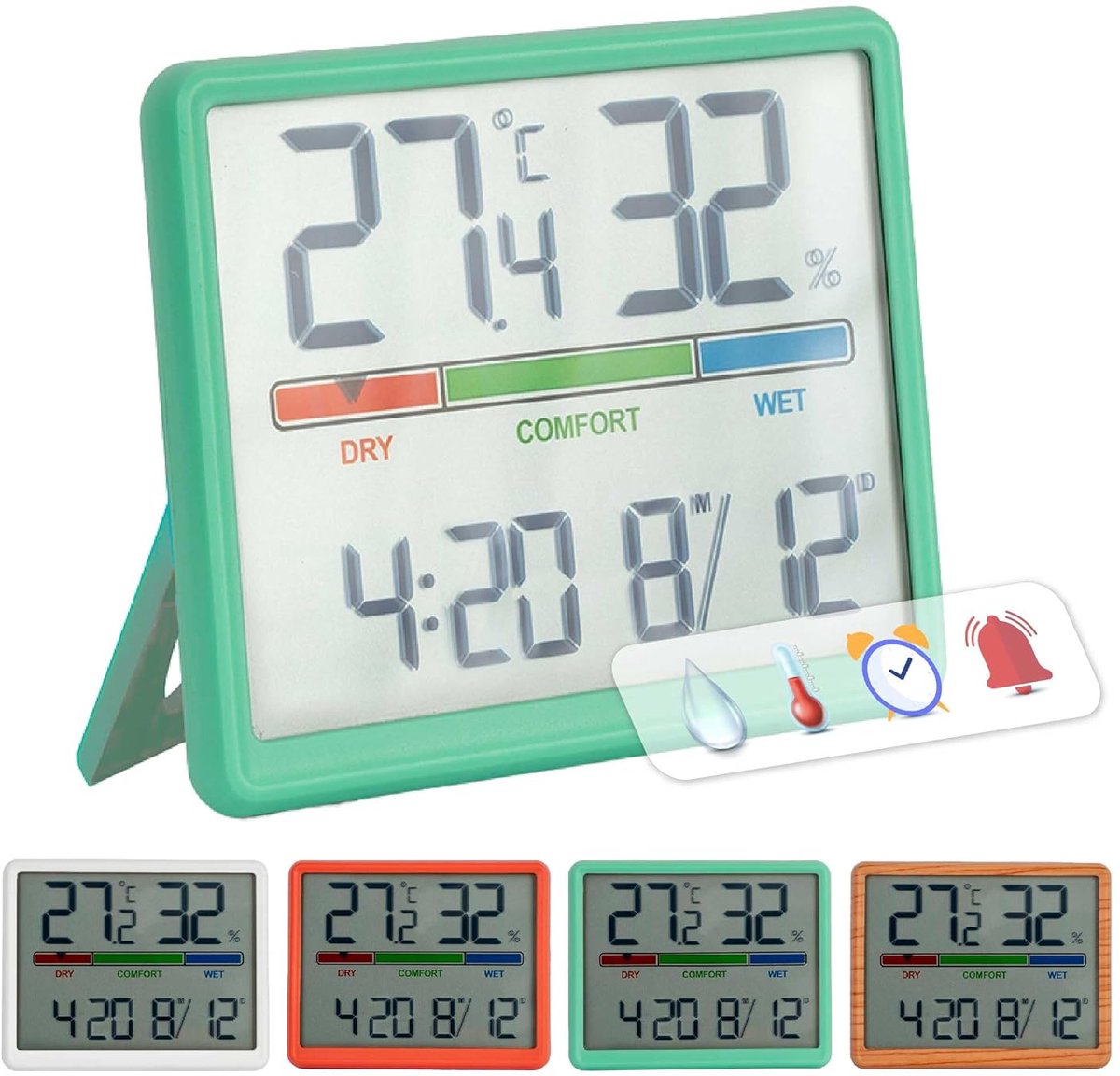 SnelShoppen - Digitale Binnen Thermometer Hygrometer met Comfort Indicator, Klok en Kalender, Groene Kleur, Ideaal voor Thuis, ABS Materiaal, Compacte