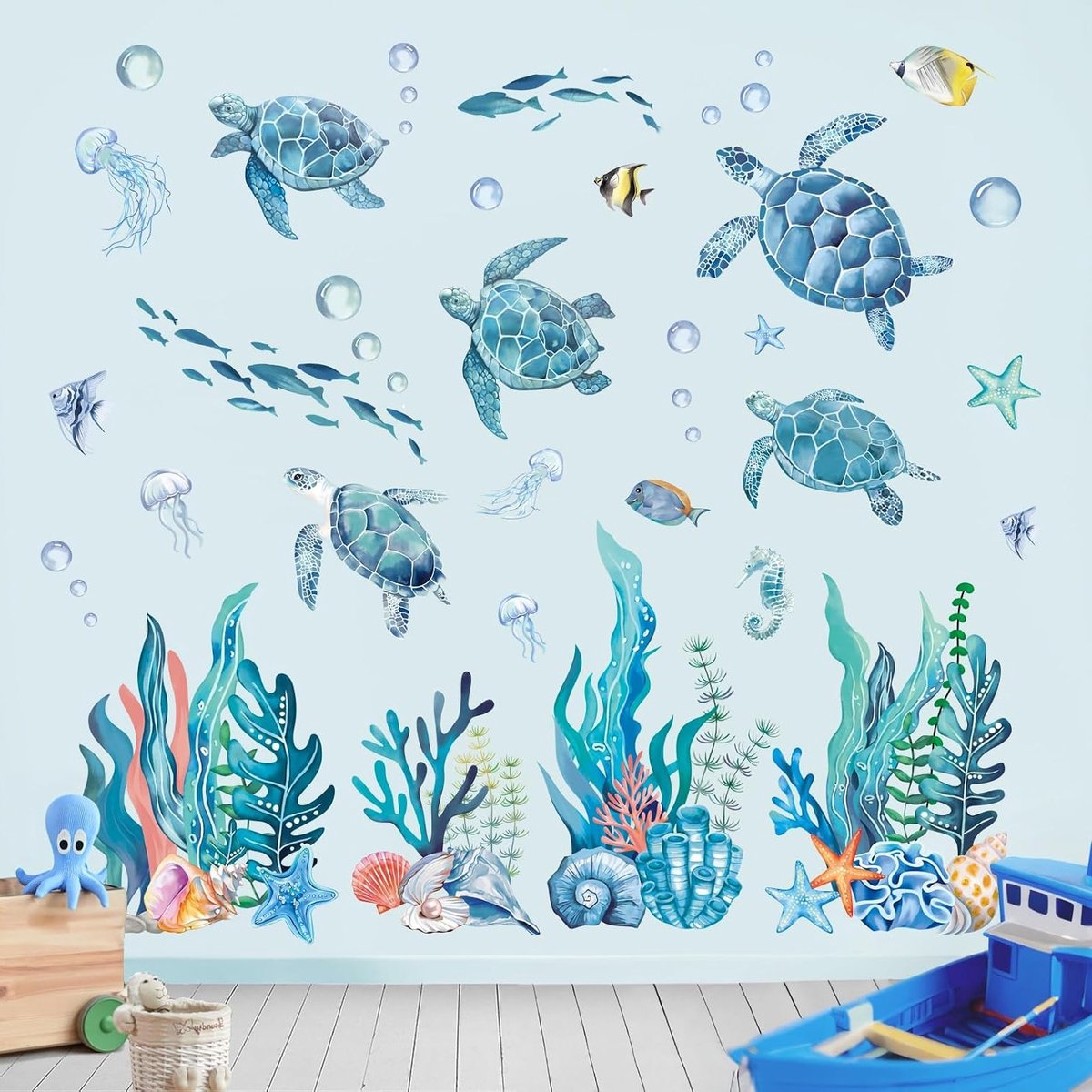 Zeewater Schildpadden Seagrass Wanddecoratie - Verwijderbare en Zelfklevende Vinyl Muurstickers voor Badkamer, Keuken en Woonkamer