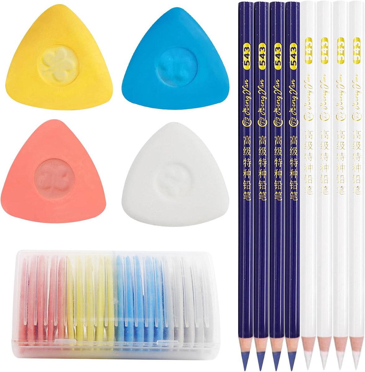SnelShoppen - Tailor's Chalk Set 28 Stuks - Triangular Tailor's Chalk in 4 Kleuren + 8 Erasable Tailor Pens voor Fabric Marking en Sewing Accessories