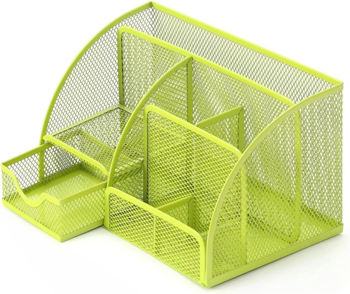 SnelShoppen - Desk Organizer Lichtgroen, Metaal, 6 Compartimenten, Pennenhouder, Uittrekbare Lade, Multifunctioneel Bureau Organizer voor Kantoor en T