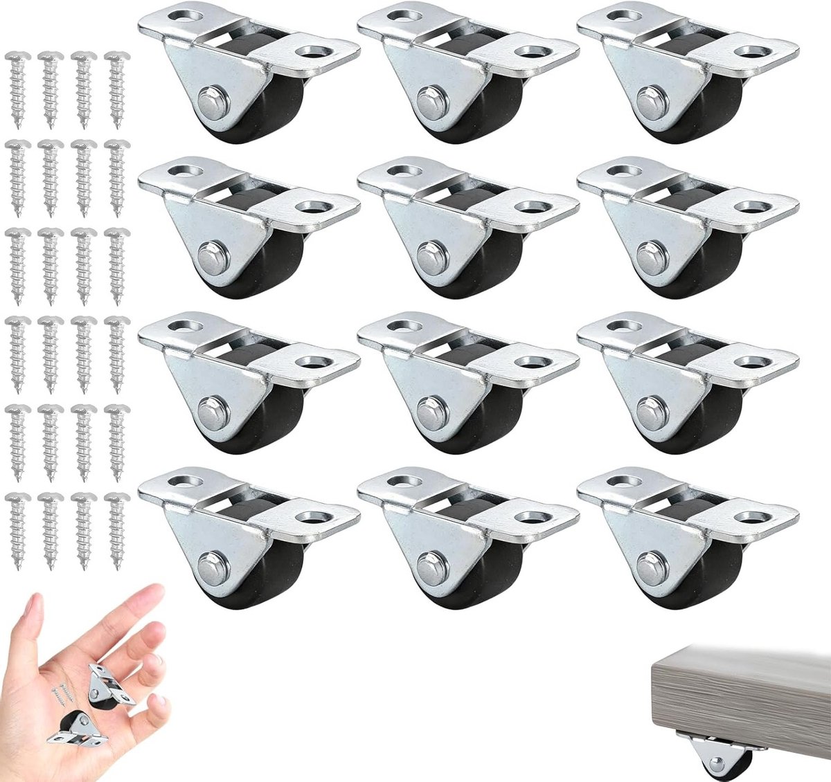 Mini Meubelwielen 1,2 cm met Stalen Bovenplaat - Rubberen Wielen Set van 12 voor Meubels, Opbergboxen en DIY Projecten