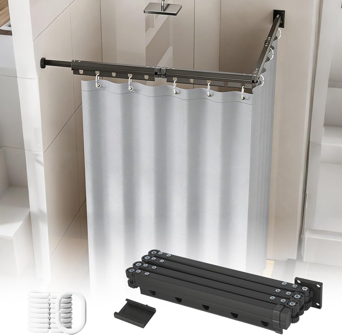 Vouwbare Douchegordijnstang zonder Boren met Waterdicht Douchegordijn - Rotating L- en U-Vormige Stang voor Badkamer en Badkuip (Grijs, 4-Way)