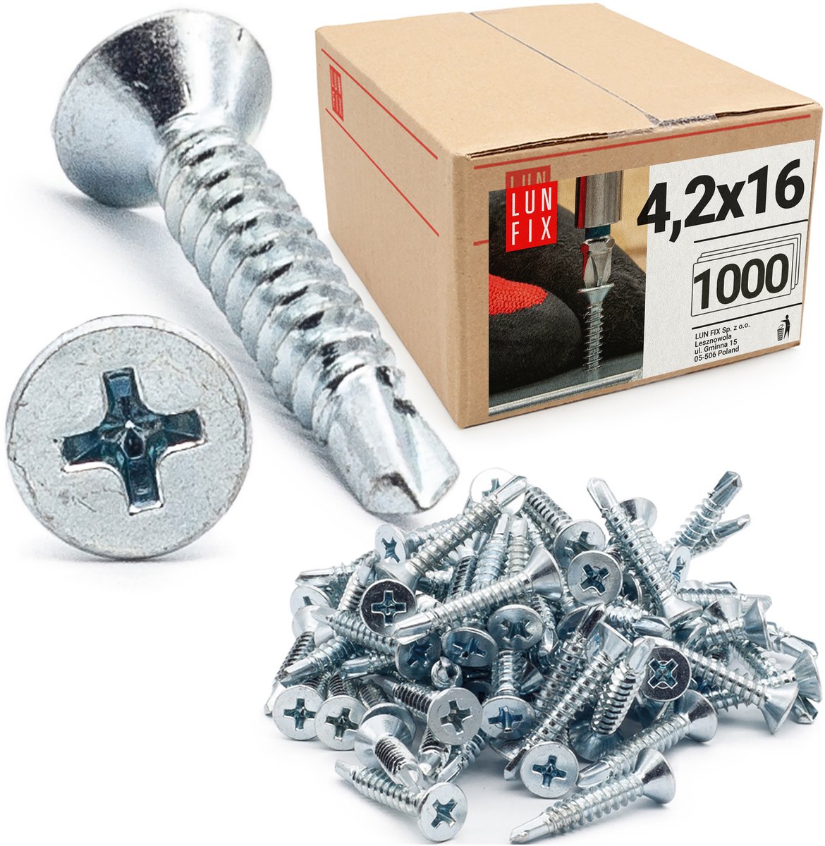 LUN FIX - Blechschroeven met verzonken kop 4,2 x 16 mm - 1000 stuks - Zelfsnijdende schroeven met boorpunt - Verzinkt staal