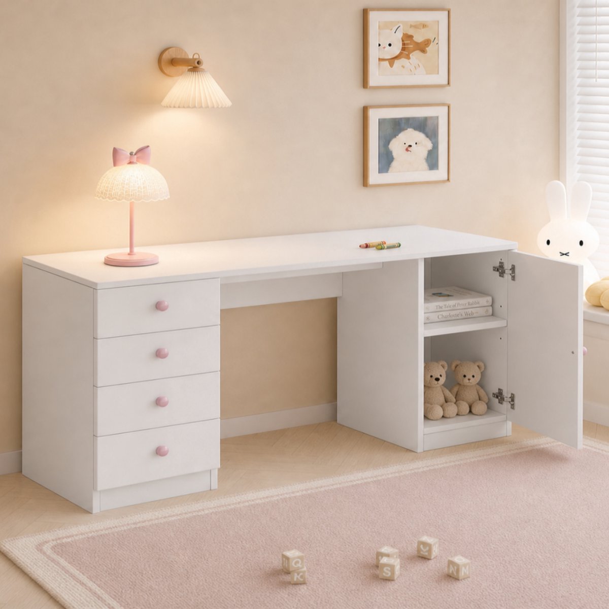 STILVORA Bureau - Kinderschrijftafel Met 4 Lades En Opbergkast - Voor Studeren En Computergebruik Thuis - MDF - 155x45x74 Cm - Wit