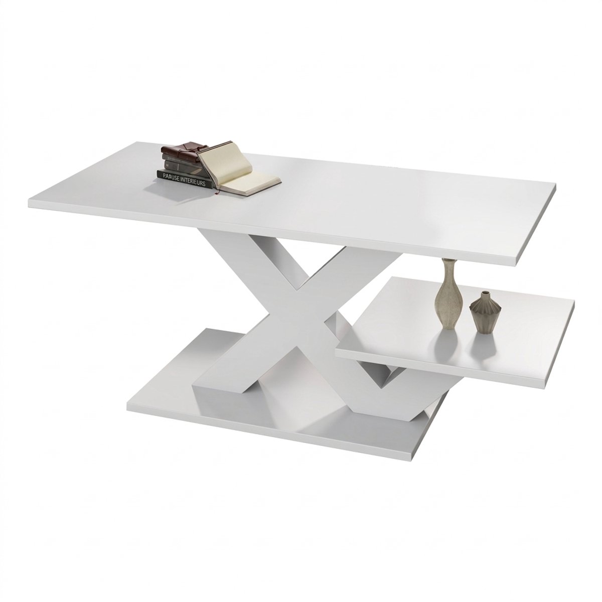 Hoogglans salontafel wit – 100 x 48 x 45 cm – Dubbel tafelblad en X-vormige poten – Belastbaar tot 10 kg