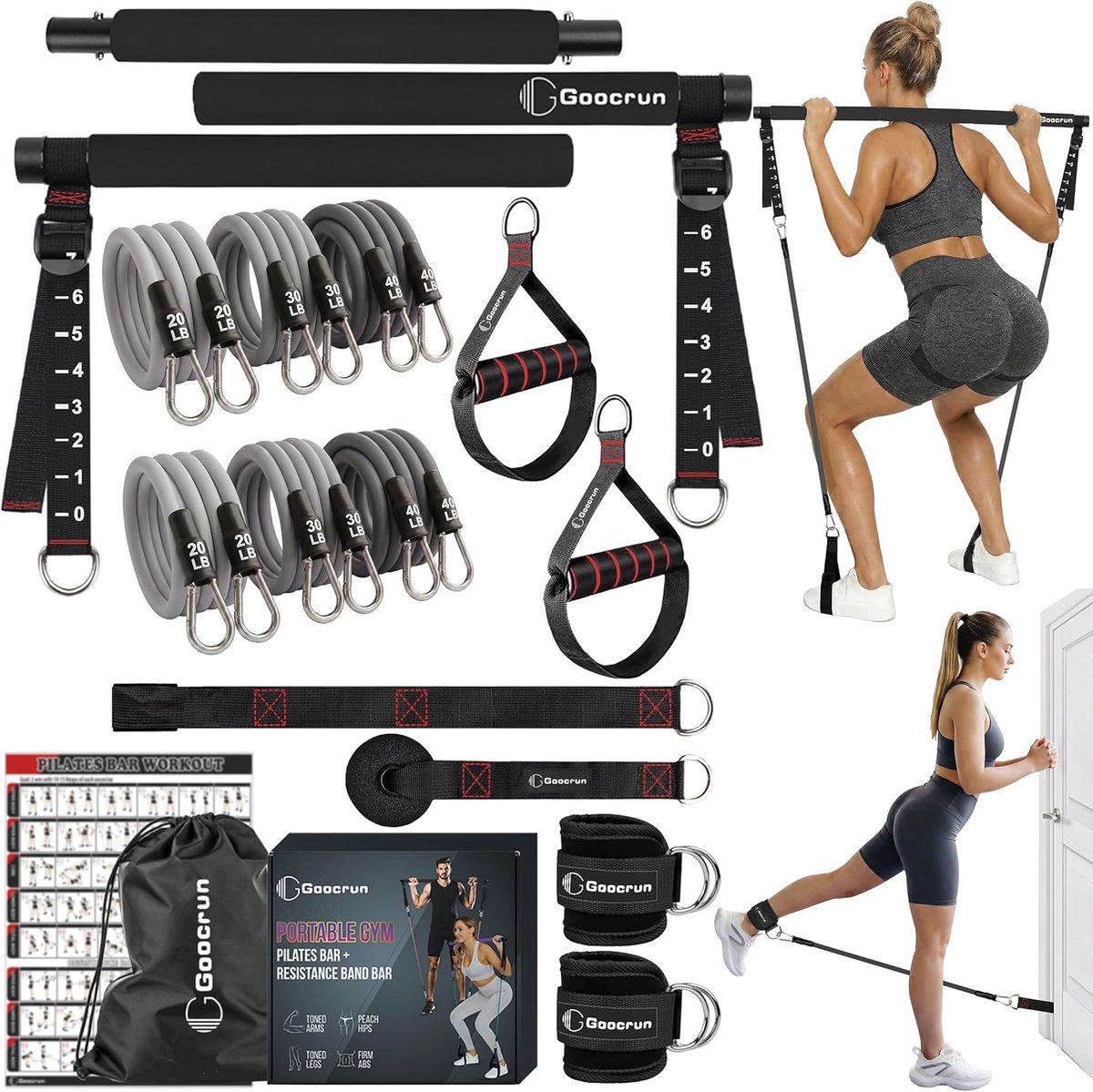 SnelShoppen - Goocrun Portable Pilates Bar Set - Weerstandsbanden Set met Handgrepen - Thuis Gym met Deuropener en Verlengingsbanden - Ondersteunt Ful
