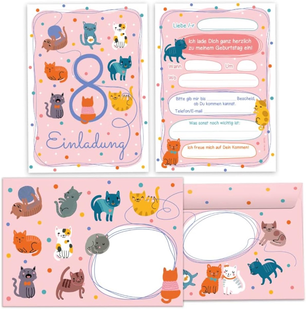 SnelShoppen - 12 Uitnodigingskaarten met Enveloppen voor 8e Verjaardag - Kinderen - Katten Thema - 10.5x14.8 cm - Perfect voor Feestjes