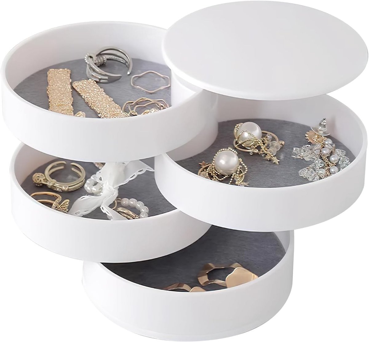 SnelShoppen - Rotatable 4-Layer Jewellery Box voor Meisjes - Luxe Velvet Lining, 360 Graden Draaiend, Compact en Handig voor Ringen, Oorbellen, Kettin
